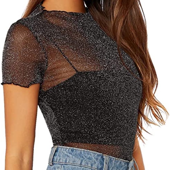 Size Small Women's Sheer Black Mesh Lettuce Trim Glitter Short Sleeve Top - Picture 10 of 16